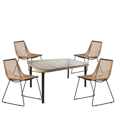 Σετ Τραπεζαρία Κήπου AMPLAS Φυσικό/Μαύρο Μέταλλο/Rattan/Γυαλί Με 4 Καρέκλες