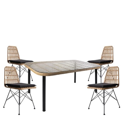 Σετ Τραπεζαρία Κήπου AMPIUS Φυσικό/Μαύρο Μέταλλο/Rattan/Γυαλί Με 4 Καρέκλες