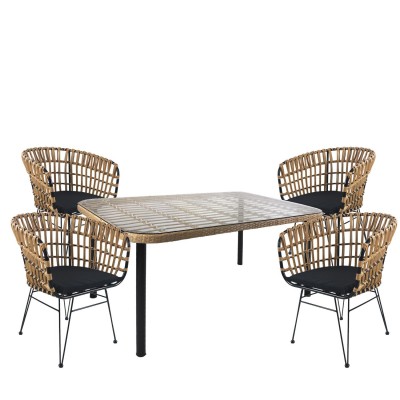 Σετ Τραπεζαρία Κήπου AMPIUS Φυσικό/Μαύρο Μέταλλο/Rattan/Γυαλί Με 4 Καρέκλες