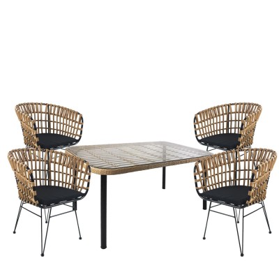 Σετ Τραπεζαρία Κήπου AMPLAS Φυσικό/Μαύρο Μέταλλο/Rattan/Γυαλί Με 4 Καρέκλες