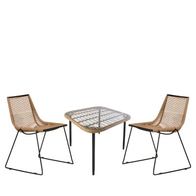 Σετ Τραπεζαρία Κήπου ANTIUS Φυσικό/Μαύρο Μέταλλο/Rattan/Γυαλί Με 2 Καρέκλες