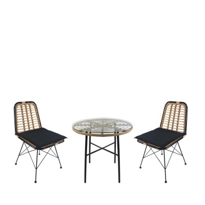 Σετ Τραπεζαρία Κήπου APPIUS Φυσικό/Μαύρο Μέταλλο/Rattan/Γυαλί Με 2 Καρέκλες