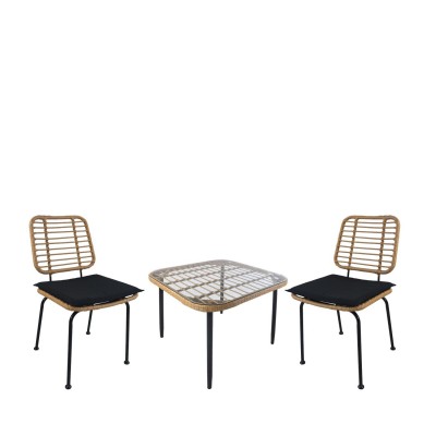 Σετ Τραπεζαρία Κήπου ANTIUS Φυσικό/Μαύρο Μέταλλο/Rattan/Γυαλί Με 2 Καρέκλες