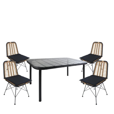 Σετ Τραπεζαρία Κήπου AMPLAS Μαύρο Μέταλλο/Rattan/Γυαλί Με 4 Καρέκλες