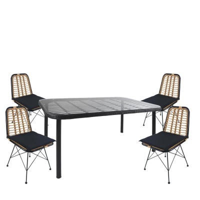 Σετ Τραπεζαρία Κήπου AMPIUS Μαύρο Μέταλλο/Rattan/Γυαλί Με 4 Καρέκλες