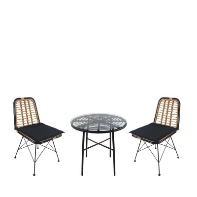 Σετ Τραπεζαρία Κήπου APPIUS Μαύρο Μέταλλο/Rattan/Γυαλί Με 2 Καρέκλες