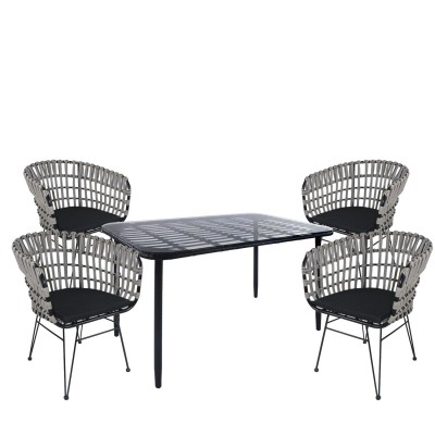 Σετ Τραπεζαρία Κήπου ANNIUS Μαύρο Μέταλλο/Rattan/Γυαλί Με 4 Καρέκλες