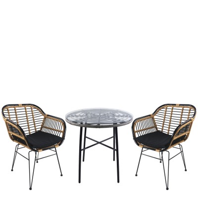 Σετ Τραπεζαρία Κήπου APPIUS Γκρι/Μαύρο/Φυσικό Μέταλλο/Rattan/Γυαλί Με 2 Καρέκλες 