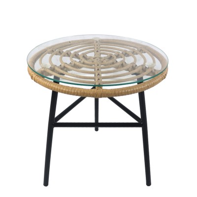 Τραπέζι Κήπου ARELLIUS Φυσικό/Μαύρο Μέταλλο/Rattan/Γυαλί 45x45x46cm