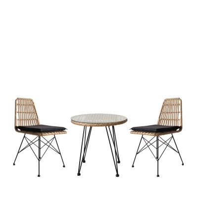 Σετ Τραπεζαρία Κήπου EUSEBIO Φυσικό/Μαύρο Μέταλλο/Rattan Με 2 Καρέκλες