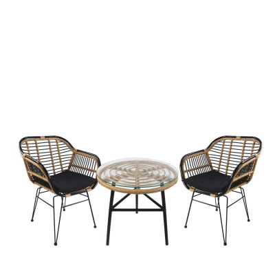 Σετ Τραπεζαρία Κήπου ARELLIUS Φυσικό/Μαύρο Μέταλλο/Rattan/Γυαλί Με 2 Καρέκλες