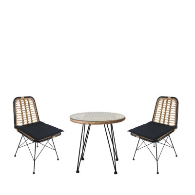 Σετ Τραπεζαρία Κήπου EUSEBIO Φυσικό/Μαύρο Μέταλλο/Rattan Με 2 Καρέκλες