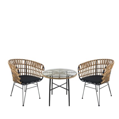 Σετ Τραπεζαρία Κήπου APPIUS Φυσικό/Μαύρο Μέταλλο/Rattan/Γυαλί Με 2 Καρέκλες