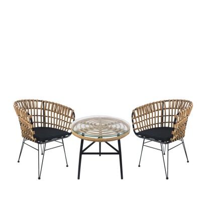 Σετ Τραπεζαρία Κήπου ARELLIUS Φυσικό/Μαύρο Μέταλλο/Rattan/Γυαλί Με 2 Καρέκλες