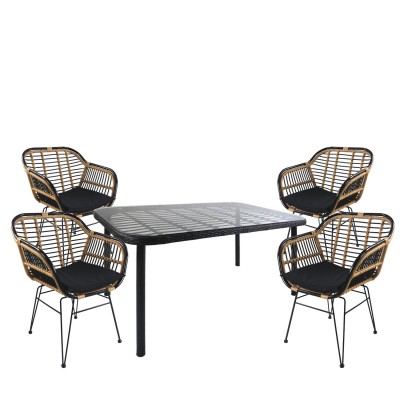 Σετ Τραπεζαρία Κήπου AMPLAS Μαύρο Μέταλλο/Rattan/Γυαλί Με 4 Καρέκλες