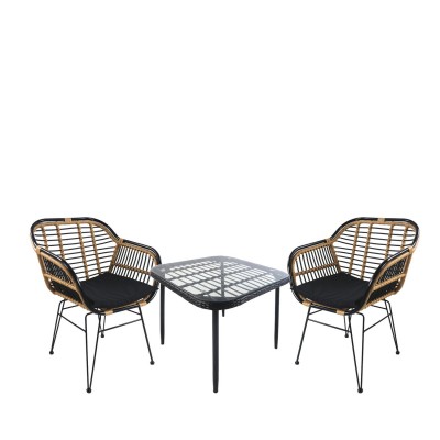 Σετ Τραπεζαρία Κήπου ANTIUS Μαύρο Μέταλλο/Rattan/Γυαλί Με 2 Καρέκλες