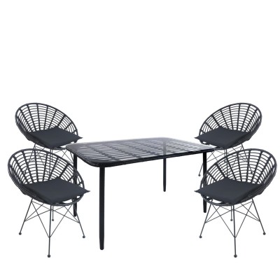 Σετ Τραπεζαρία Κήπου ANNIUS Μαύρο Μέταλλο/Rattan/Γυαλί Με 4 Καρέκλες