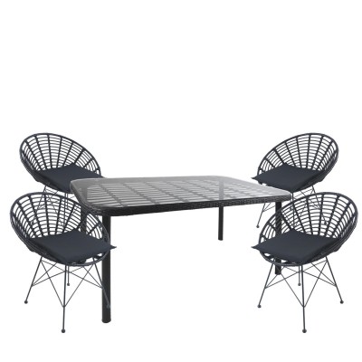 Σετ Τραπεζαρία Κήπου AMPIUS Μαύρο Μέταλλο/Rattan/Γυαλί Με 4 Καρέκλες