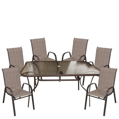 Σετ Τραπεζαρία Κήπου SELENA Καφέ Μέταλλο/Textilene/Γυαλί Με 6 Καρέκλες 