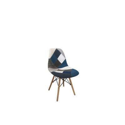 ART Wood Καρέκλα Τραπεζαρίας, Πόδια Οξιά, Κάθισμα PP με Ύφασμα Patchwork Blue