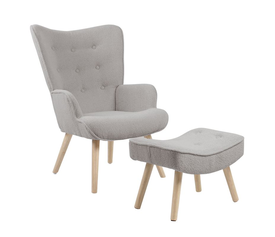 ALMA Πολυθρόνα - Μπερζέρα με Σκαμπό - Υποπόδιο Φυσικό, Teddy Ύφασμα Ανοιχτό Γκρι, K/D