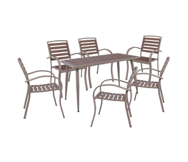 SERRANO Set Κήπου: Τραπέζι + 6 Πολυθρόνες, Μέταλλο Βαφή Sand Beige, Polywood Καρυδί