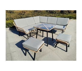 SALSA CORNER Σαλόνι-Καθιστικό: Τραπέζι + Καναπές Γωνία + 2 Σκαμπό, Μέταλλο-Wicker Φυσικό