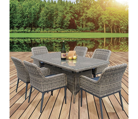 HAVANA Set Τραπεζαρία Κήπου ALU,Wicker Grey Brown-Ανθρακί: Τραπέζι 180x90 + 6 Πολυθρόνες