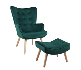 Πολυθρόνα Μπερζέρα Με Υποπόδιο ANIDORI Πράσινο Βελούδο/Ξύλο 73x69x96cm