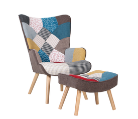 Πολυθρόνα Μπερζέρα Με Υποπόδιο BRIAR Patchwork Ύφασμα/Ξύλο 73x69x96cm