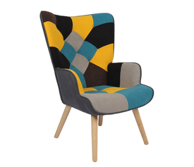 Πολυθρόνα BRIAR Κίτρινο/Μπλε Patchwork Ύφασμα/Ξύλο 73x69x96cm