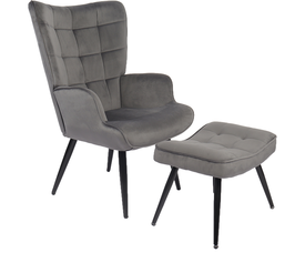 Πολυθρόνα Μπερζέρα Με Υποπόδιο LENNOX Γκρι Βελούδο/Ξύλο 96x68x73cm