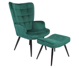 Πολυθρόνα Μπερζέρα Με Υποπόδιο LENNOX Πράσινο Βελούδο/Ξύλο 96x68x73cm