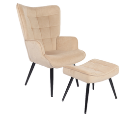 Πολυθρόνα Μπερζέρα Με Υποπόδιο LENNOX Μπεζ Βελούδο/Ξύλο 96x68x73cm