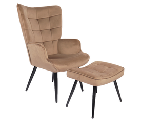 Πολυθρόνα Μπερζέρα Με Υποπόδιο LENNOX Καφέ Βελούδο/Ξύλο 96x68x73cm