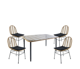 Σετ Τραπεζαρία Κήπου ANNIUS Φυσικό/Μαύρο Μέταλλο/Rattan/Γυαλί Με 4 Καρέκλες
