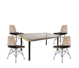 Σετ Τραπεζαρία Κήπου AMPIUS Φυσικό/Μαύρο Μέταλλο/Rattan/Γυαλί Με 4 Καρέκλες