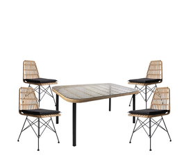 Σετ Τραπεζαρία Κήπου AMPLAS Φυσικό/Μαύρο Μέταλλο/Rattan/Γυαλί Με 4 Καρέκλες