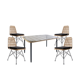 Σετ Τραπεζαρία Κήπου ANNIUS Φυσικό/Μαύρο Μέταλλο/Rattan/Γυαλί Με 4 Καρέκλες