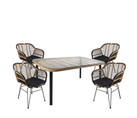 Σετ Τραπεζαρία Κήπου AMPIUS Φυσικό/Μαύρο Μέταλλο/Rattan/Γυαλί Με 4 Καρέκλες 14990291