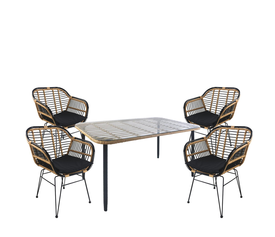 Σετ Τραπεζαρία Κήπου ANNIUS Φυσικό/Μαύρο Μέταλλο/Rattan/Γυαλί Με 4 Καρέκλες