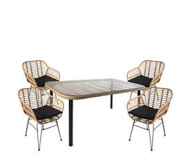 Σετ Τραπεζαρία Κήπου AMPIUS Φυσικό/Μαύρο Μέταλλο/Rattan/Γυαλί Με 4 Καρέκλες