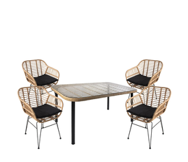 Σετ Τραπεζαρία Κήπου AMPLAS Φυσικό/Μαύρο Μέταλλο/Rattan/Γυαλί Με 4 Καρέκλες