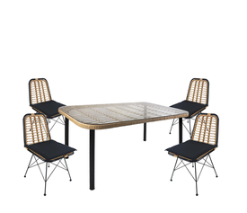 Σετ Τραπεζαρία Κήπου AMPIUS Φυσικό/Μαύρο Μέταλλο/Rattan/Γυαλί Με 4 Καρέκλες 14990299
