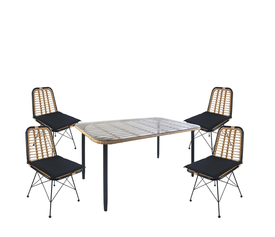 Σετ Τραπεζαρία Κήπου ANNIUS Φυσικό/Μαύρο Μέταλλο/Rattan/Γυαλί Με 4 Καρέκλες 14990301