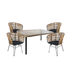 Σετ Τραπεζαρία Κήπου AMPIUS Φυσικό/Μαύρο Μέταλλο/Rattan/Γυαλί Με 4 Καρέκλες 14990303