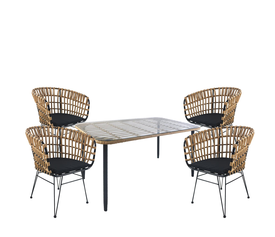 Σετ Τραπεζαρία Κήπου ANNIUS Φυσικό/Μαύρο Μέταλλο/Rattan/Γυαλί Με 4 Καρέκλες 14990305