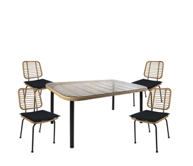 Σετ Τραπεζαρία Κήπου AMPIUS Φυσικό/Μαύρο Μέταλλο/Rattan/Γυαλί Με 4 Καρέκλες 14990311
