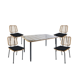 Σετ Τραπεζαρία Κήπου ANNIUS Φυσικό/Μαύρο Μέταλλο/Rattan/Γυαλί Με 4 Καρέκλες 14990313