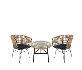 Σετ Τραπεζαρία Κήπου ARELLIUS Φυσικό/Μαύρο Μέταλλο/Rattan/Γυαλί Με 2 Καρέκλες 14990345